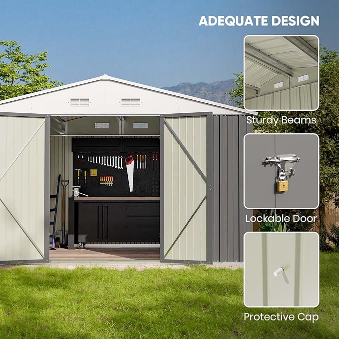 Patiowell 10x8 FT Outdoor Storage Shed with Floor Frame, Grey | Large Garden Tool Metal Shed, Sloping Roof, Double Lockable Door, Outdoor Shed For Backyard Garden Patio Lawn