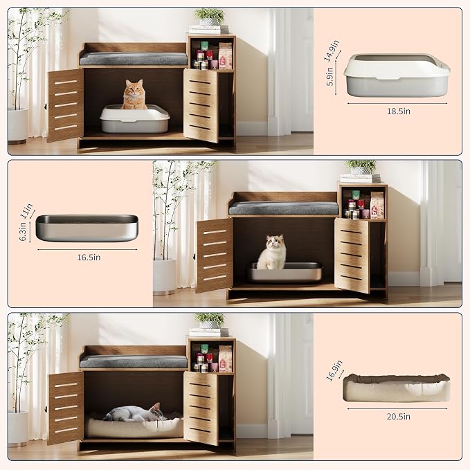Cat Litter Box Enclosures, Large Hidden Cat Litter Box Furniture with Double Door, Wooden End Table Litter Box Cabinet with Storage Shelf, Cushion & Litter Mat, Dog Proof Design, Modern Cat House