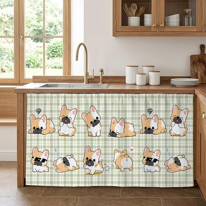 Cute Puppy Sink Skirt for Bathroom, Self-Adhesive Under Sink Curtain, Sage Green Plaid Modern Funny Dogs Pet Hide Pipes & Storage Fabric Cabinet Skirt Cover for Kitchen Laundry 32"x55"