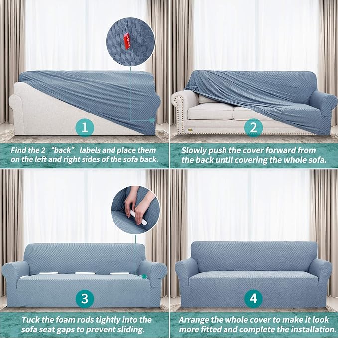 YEMYHOM Couch Cover Latest Jacquard Design High Stretch Sofa Covers for 3 Cushion Couch, Pet Dog Cat Proof Slipcover Non Slip Magic Elastic Furniture Protector (Large, Light Blue)