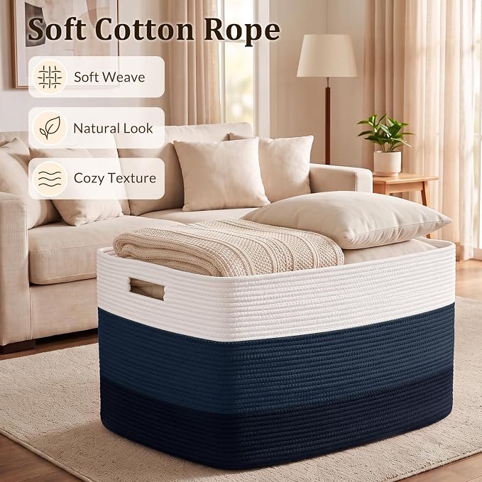 OIAHOMY 108L Extra Large Blanket Basket Dog Toy Basket Gradient Blue | Rectangle Woven Baskets for Storage Cotton Rope Basket For Living Room Toy Storage Blanket Storage Laundry Basket