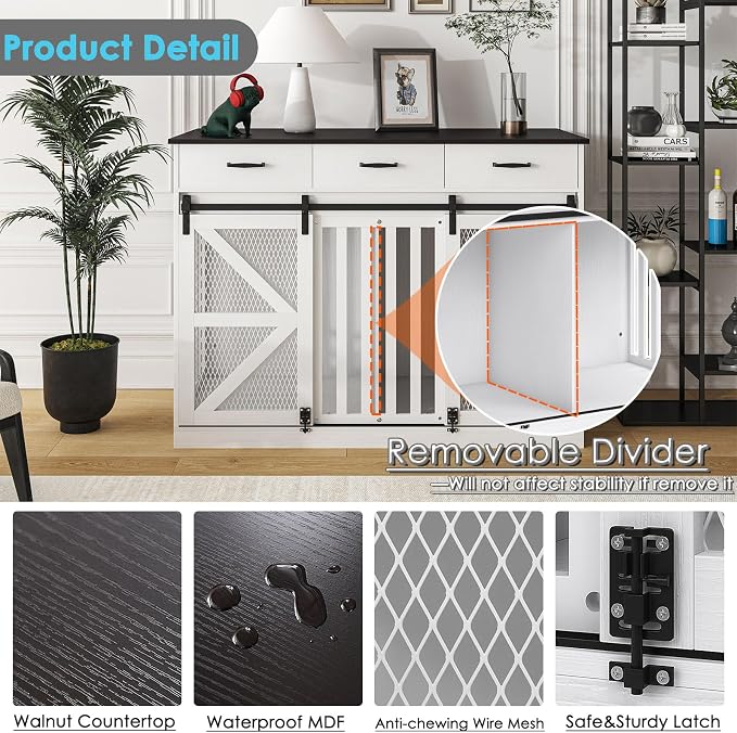 Spacesea Large Dog Crate Furniture with Sliding Barn Door, 48" Wooden Dog Kennel Indoor End Side Table for Home Decor, Removable Divider, 3 Drawers, Furniture Style Dog Crate TV Stand
