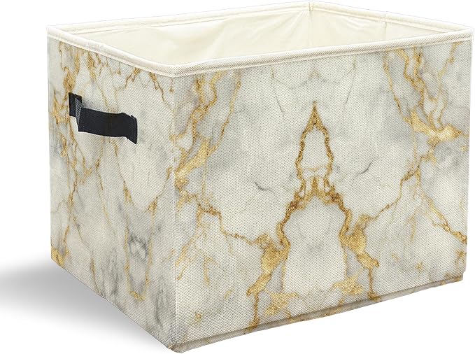 White Gold Marble Storage Bins with Handles, Modern Room Decor, Abstract White Marble Texture Collapsible Laundry Basket Storage Box for Home Bedroom Bathroom Clothes Toys Books