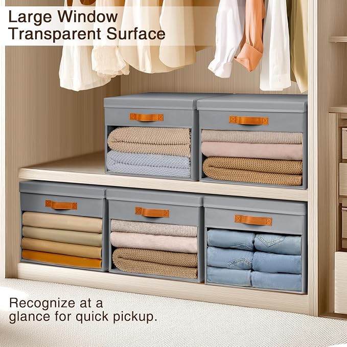 Large Storage Bins with Lids - 4 Pack Foldable Decorative Organizers with Clear Windows & Handles, Cube Storage Organizers for Clothes, Blankets, Sweaters, Sheets, Grey