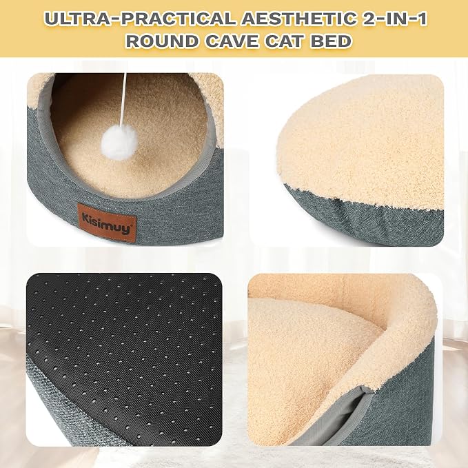 2-in-1 Foldable Cat Bed for Indoor Cats, Cat Cave & Sofa Bed | 19.7"D x 15"H, Reversible Plush & Linen Cushion,Enclosed Cat Bed, Hanging Cat Toys, Non-Slip, Large Cat Couch, Grey