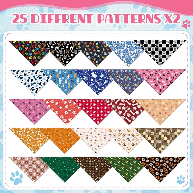 Kacctyen 50 Pcs Dog Bandanas Bulk Bandanas for Dogs Grooming with Dog Paws Pattern Adjustable Pet Triangle Scarf Bib Washable for Small Medium Large Puppy Cats Pets Costume Accessories