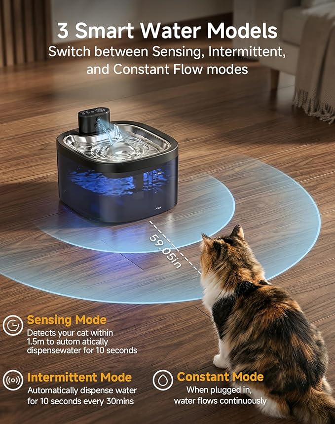 Cat Water Fountain Cordless: Battery Operated 118oz/3.5L Pet Water Fountain for Cats Indoor with Motion Sensor, Cat Drinking Fountains with Stainless Steel Tray, Ultra Quiet, Easy-to-Clean