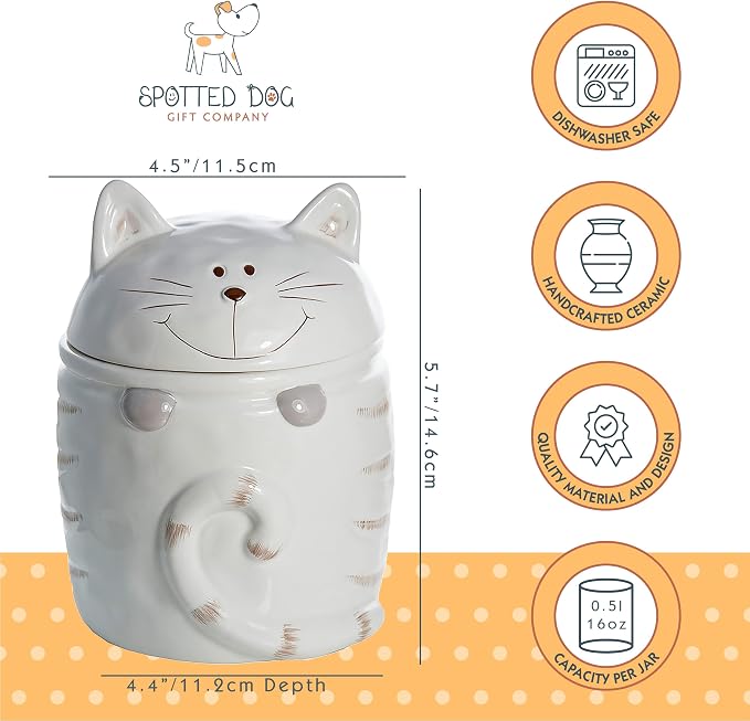 SPOTTED DOG GIFT COMPANY Ceramic Jar with Lid for Countertop, Cat Treat Container, Cute Decorative Kitchen Storage Jar for Tea Coffee Sugar, Gifts for People Who Love Cats, White 16oz