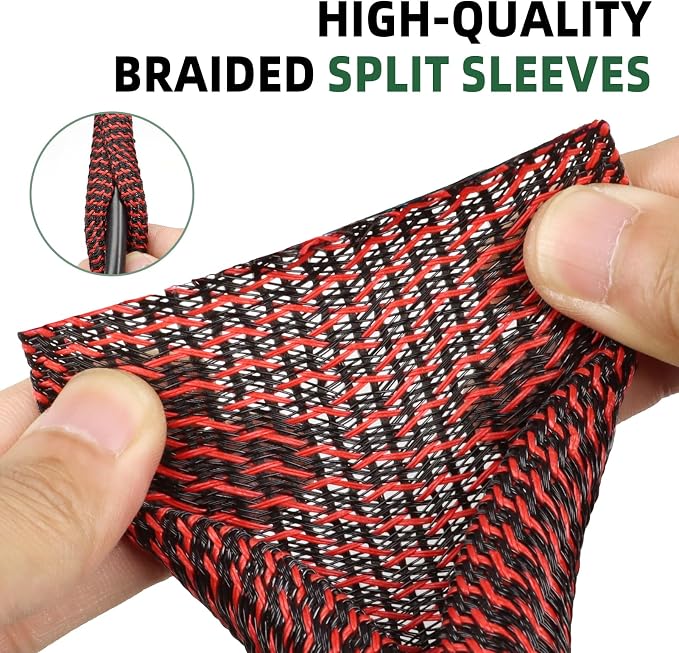 Split Wire Loom Tubing, Cable Protector Sleeve, Braided Cable Management for TV/Computer/Home Theater/Engine Bay, Cord Protectors from Pets No Chew (Red and Black, 1"-10ft)