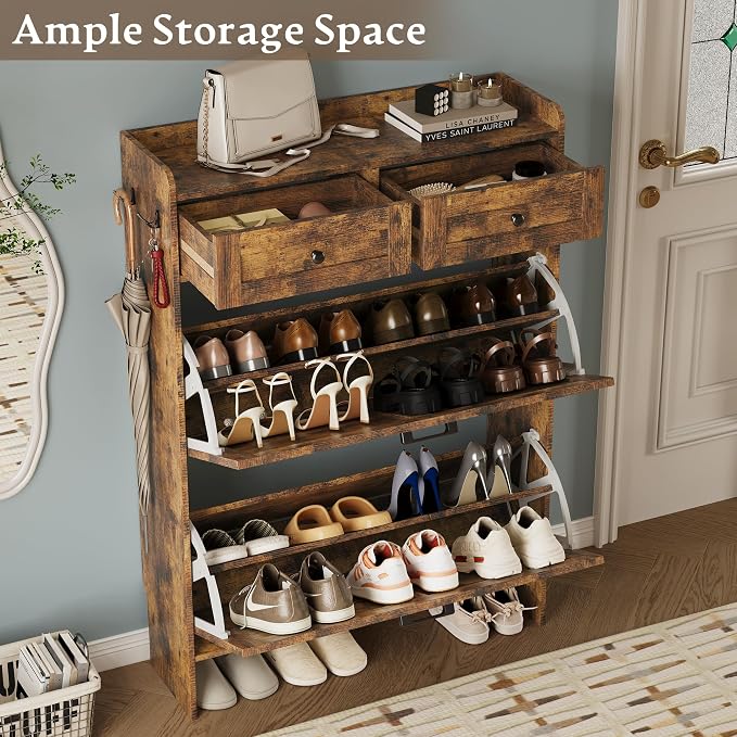 BORNOON Shoe Storage Cabinet for Entryway, Farmhouse Narrow Shoe Cabinet with 2 Flip Drawers & Top Drawers, Adjustable Shelves & Hooks, Freestanding Hidden Rack Organizer for Hallway, Foyer