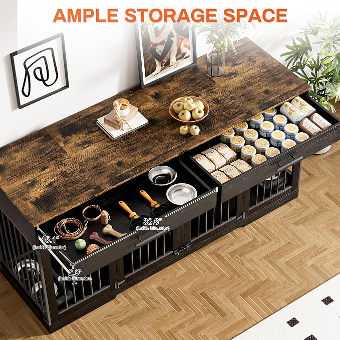 Rophefx 72" Double Dog Crate Furniture with Drawers and Divider, Black | Wooden dog kennel for 2 medium dogs with 2 drawers, removable divider, 4 bowls and TV stand top