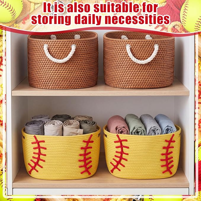 RattanView Softball Cotton Rope Basket, Brown Woven Storage with White Stitch Pattern, 15 x 9 x 10 in, Empty Softball Gift Organizer for Books, Room and Sports Decor