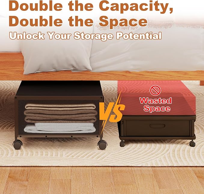 Fokyfok 2Pack Under Bed Storage Containers, 10 inch Height,31 inch Long | Under Bed Shoe Storage,Underbed Storage with Wheels,Large Rolling under bed Clothes Storage Drawers,Lid,Dorm Tall,Black