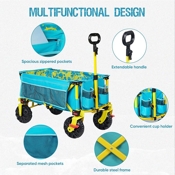 Old Bahama Bay 300lbs Extra Long 49" L Beach Wagon with Big Wheels with Brake for Sand, Collapsible Utility Beach Cart Heavy Duty Folding Wagon,Ideal for Outdoor Sand Camping Garden Pet