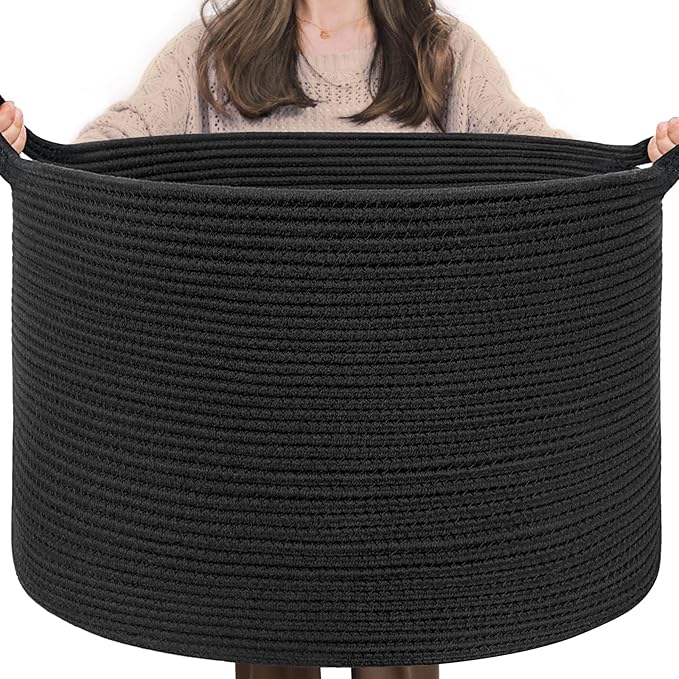INDRESSME XXXLarge Woven Rope Blanket Basket Living Room Black, 90L | 21.7" x 13.8" Storage baskets for toys laundry & pillows. Fits living room, bedroom or nursery décor. Soft-touch with handles