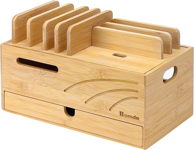 Homde Bamboo Charging Station Organizer: Charger Rack for Multiple Devices | Cable Cord Management Box with 6 Compartments and Drawer - Electronic Docking Stand for Chargers Phones Tablets (Natural)