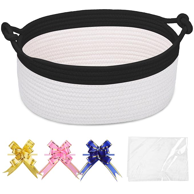 COMSE Small Gift Basket Empty with Bag & Ribbons, Black & White | Cotton Rope, 12"x 8"x 5", Pet Toy Storage Organizer, Woven Basket for Birthdays, Baby Showers, Mother’s Day, Valentine’s Day