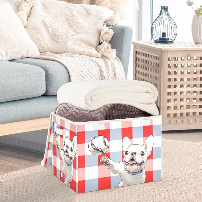 Dog Baseball Fabric Storage Bins with Lid Closet Storage Basket 40L | Decorative Storage Boxes, 300D Oxford Cloth, Hollow Board Frame, Flip Top Velcro Lid, 16.5x12.6x11.8 inch, Collapsible Design
