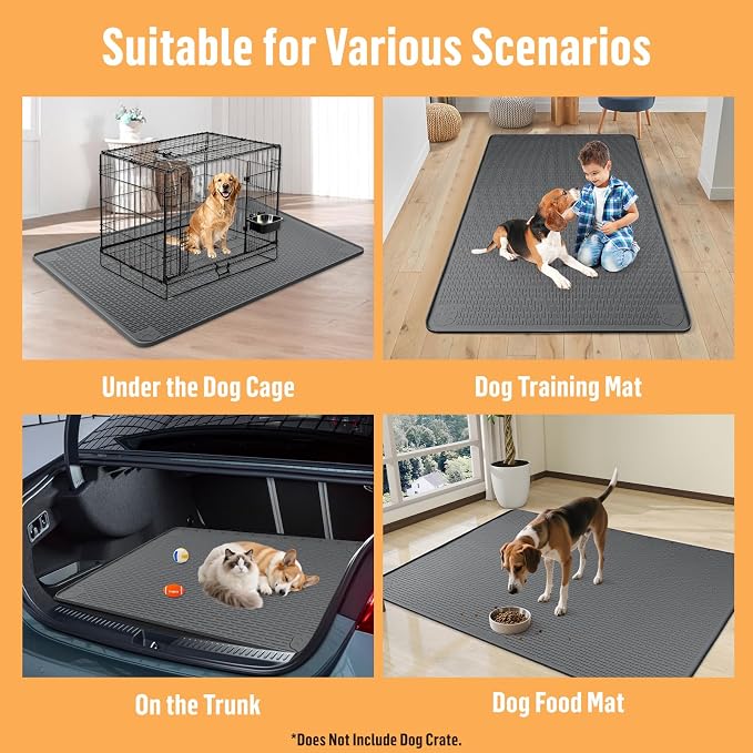 Silicone Dog Bed Mat 57"x 40" Crate Mat for Dog Cages, Dark Grey | Extra Large Kennel Mat with Raised Edge, Washable, Leakproof, Waterproof Dog Mat for Crate, Dog Floor Mat to Protect Floors