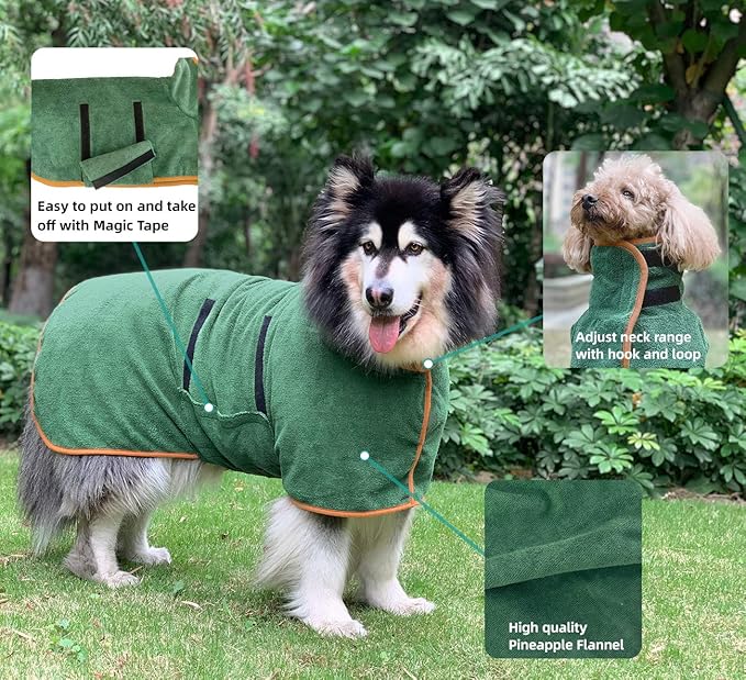 Dog Drying Coat Bathrobe Towel, Microfibre Material Fast Drying Super Absorbent Dog Bath Robe, Pet Quick Drying Moisture Absorbing with Adjustable Collar and Waist Green