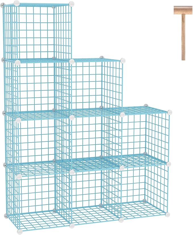 C&AHOME Wire Cube Storage, 9 - Cube Organizer Metal C Grids, Shelves, Blue | Modular Shelves Units, Closet Organizer, Storage Bins Shelving, Ideal for Home, Office, Living Room