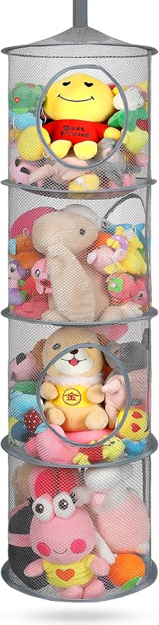 Hanging Stuffed Animal Storage Hammock Net 4 Tiers, Grey | Hanging Mesh Storage Organizer for Kids Room, Holds Plushies, Gloves, Hats, Socks, Foldable Space-saving Design