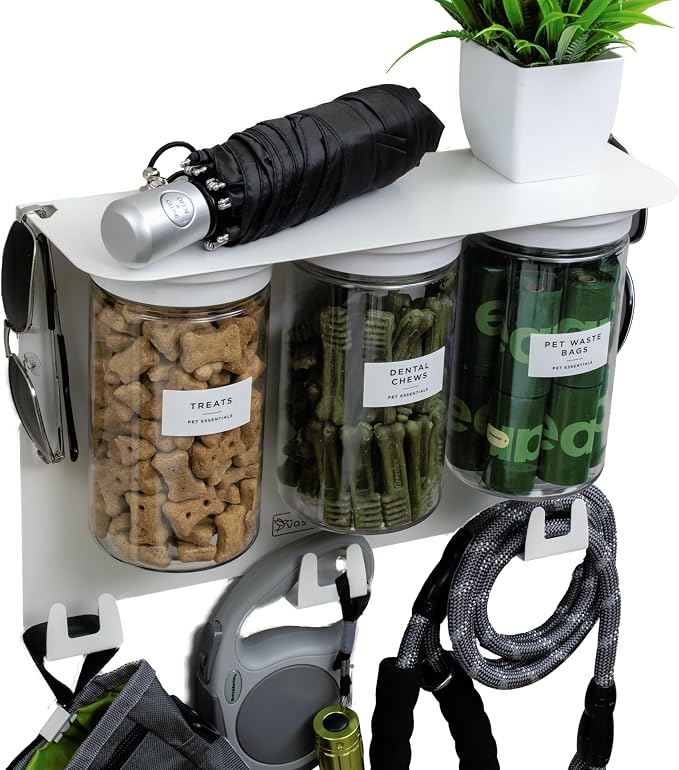 Dog Leash Holder for Wall with Shelf — Wall Mounted Dog Treat Holder & Station, 3 Large Airtight 32oz Treat Containers, 9 Hooks, Patented Lidless Slide-to-Seal Jars, Solid Steel, Made in USA