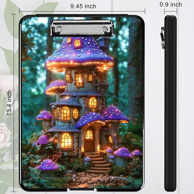 Heavy Duty Storage Clipboard, Slim Nursing Clipboard with Internal Pen Case, Portable File Organizer Case for A4 Letter Size Paper Office Medical Professionals, Purple Mushroom Castle
