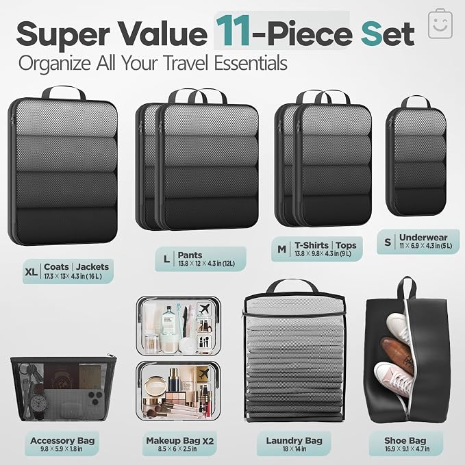 Veken 11 Set Compression Packing Cubes Garment Bags for Travel Essentials,Compressible Expandable Luggage Organizer Bags for Clothing,Space Saver Bags with Over 1000 pcs of Mesh Holes(Black)