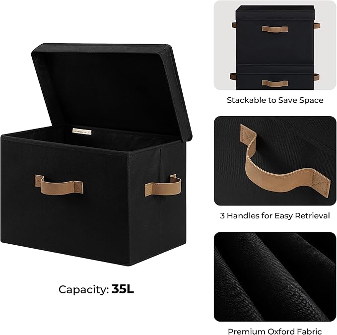 StorageWorks Fabric Storage Bins with Lids, Closet Storage Bins | Flip-Top Lid, 3 Handles, Collapsible, Stackable, for Clothes Blankets, Multi-Purpose, Jumbo, Black, 2-Pack