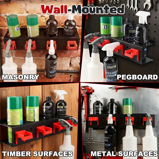 Spray Bottle Holder, 2 Pack Wall Mount Car Detailing Can Holder Spray Rack | Heavy-Duty Carbon Steel Auto Detail Spray Bottle Organizer, Spray Can Holder with Hooks for Garage Workshop Van Shed Storage