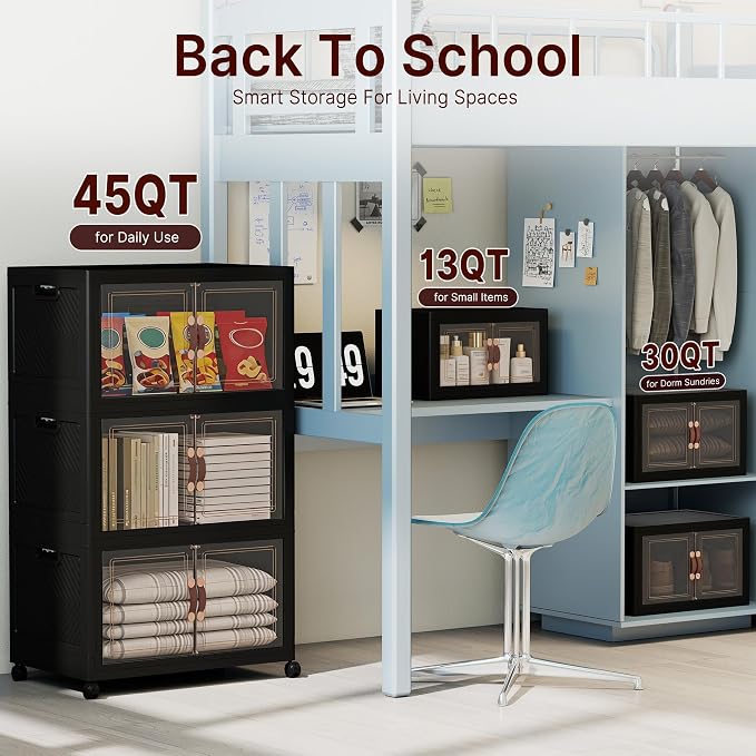 Stackable Storage Bins with Lids, 360QT Lockable Storage Cabinet | Folding Storage Box with Doors and Wheels, Collapsible Plastic Drawers for Home, Garage, Office
