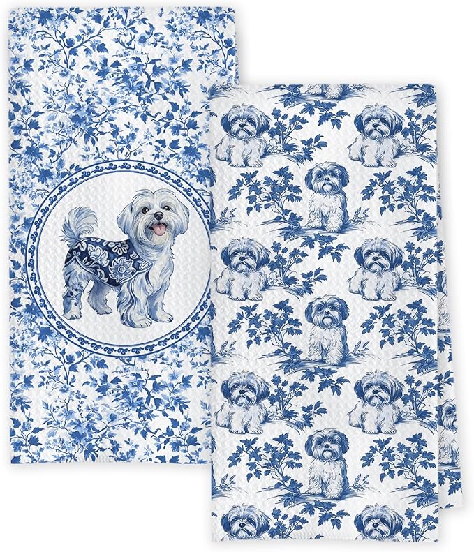 Chicimln Chinoiserie Maltese Dog Kitchen Towels, Maltese Lover Gifts Decorative Hand Towels for Bathroom, Blue and White Dog Dish Tea Towel Drying Cloth for Kitchen Decor,16x24 Inch,Set of 2