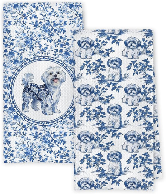 Chicimln Chinoiserie Maltese Dog Kitchen Towels, Maltese Lover Gifts Decorative Hand Towels for Bathroom, Blue and White Dog Dish Tea Towel Drying Cloth for Kitchen Decor,16x24 Inch,Set of 2