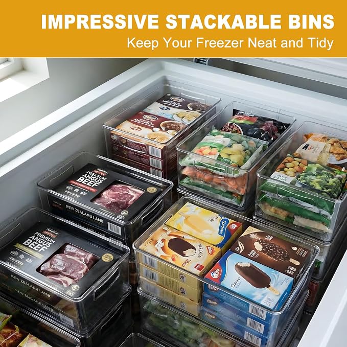 Hudgan 8 Pack Freezer Organizer Bins,Stackable,Clear Bins for Fridge,Pantry | Straight Side, 3 Sizes, 2 XL Storage Container, 3 Large Cabinet Organizer, 3 Medium Storage Drawer