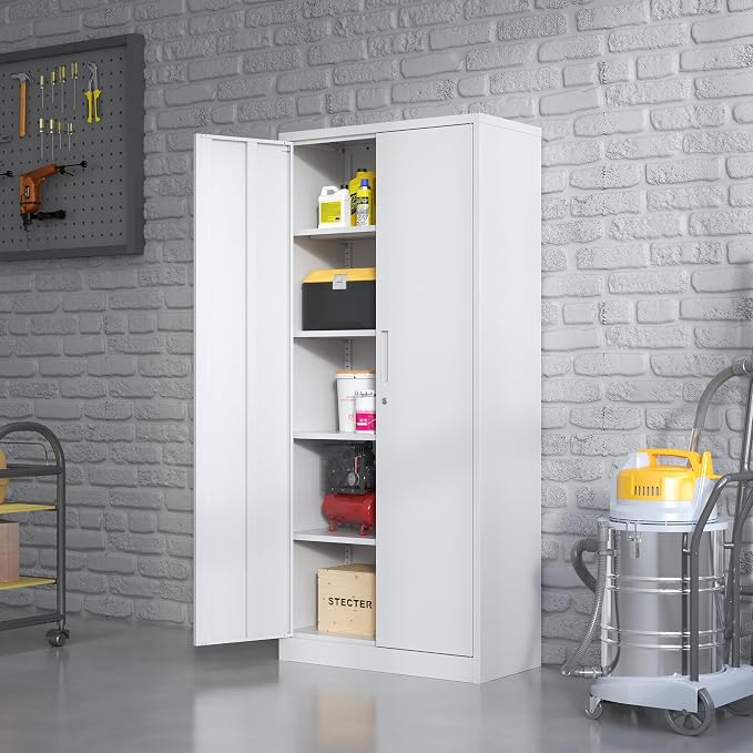 Metal Storage Cabinet for Garage, Tool Cabinet, Utility Cabinet | Tall Tool Cabinet, Lockable, 2 Doors, 4 Adjustable Shelves, Assembly Required, White