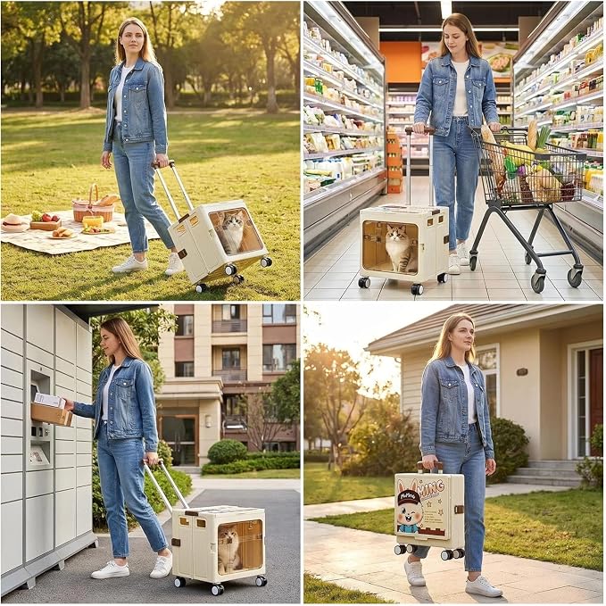 Foldable Rolling Shopping Trolley with Lid, Silent Wear-Resistant Wheels Storage Crate Box, Multifunctional Seatable Container for Grocery, Picnic, Travel, Office, Pet & Household Moving