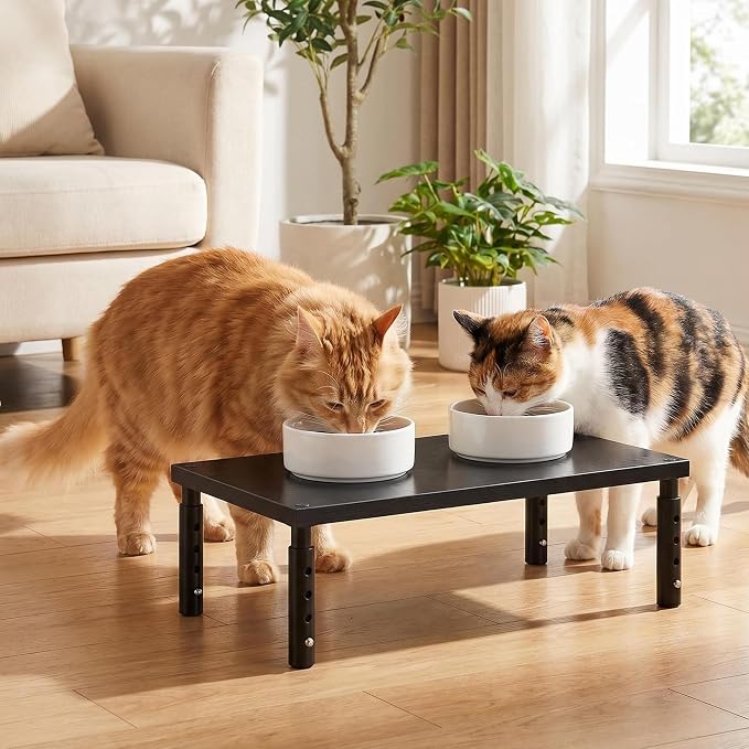 OPNICE Adjustable Cat Food Stand, Elevated Cat Feeder Stand with 4 Height Settings, Automatic Cat Feeder & Tradition Bowls, Raised Pet Feeding Table Station for Cats & Small Dogs, Black 2-Pack