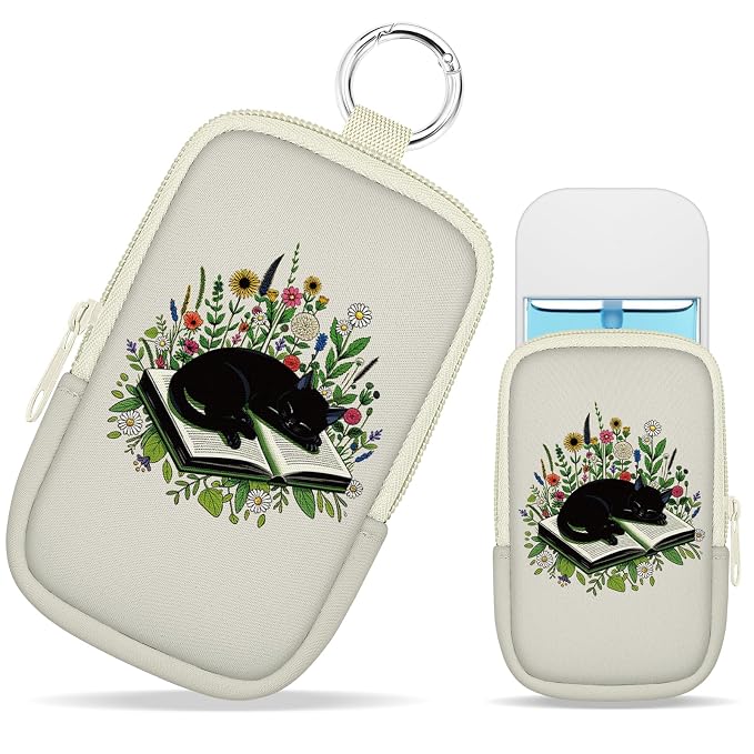 Hand Sanitizer Holder, Black Cat Book Spray Case Zippered Pouch | Keychain, Travel Size, Cute Fashion Accessory with Snap Hook, for Glow Mist and Power Mist 1FL OZ, Mini Small Pocket Clip on