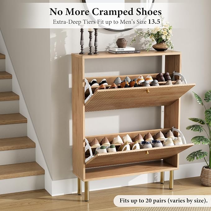 Shoe Storage Cabinet for Entryway - Ultra Slim Shoe Cabinet with Tiered Fluted Design - Modern Shoe Organizer for Entryway with Gold Legs, Hidden Shoe Rack for Small Spaces, Fits Men's Size 12+