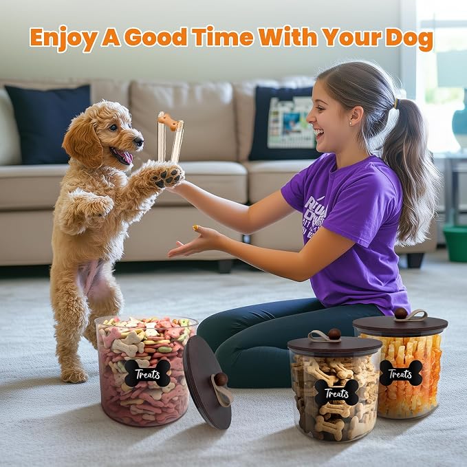 HOYTAMDAR 3 Pack Airtight Dog Treat Containers Bamboo Lids, Dog Treat Jars | Dog Food Storage Container with Scoops, Clamps, Labels and Marker, Dog & Cat Treat Holder