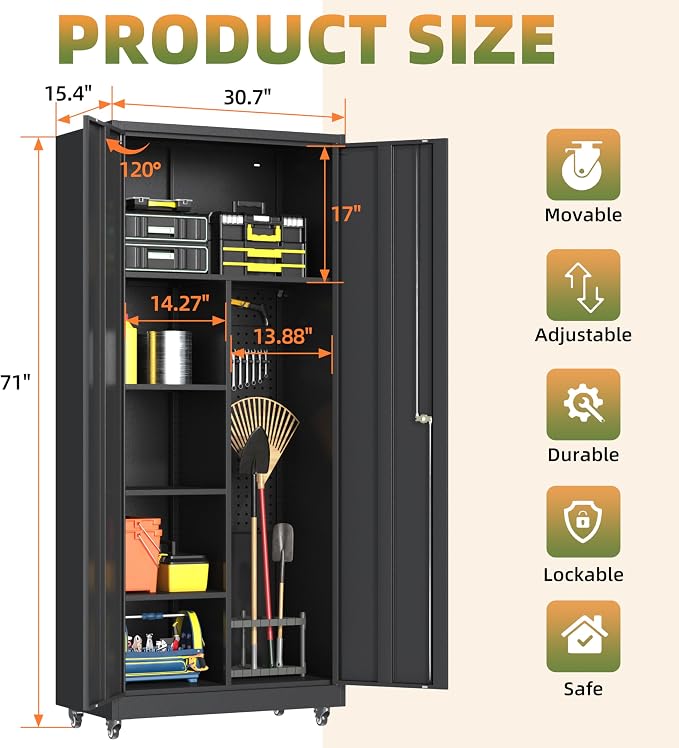 71''H Metal Garage Storage Cabinet, Broom Storage Cabinet with Lock | Tool Storage Cabinet, Steel Tool Cabinet with 2 Doors and Shelves for Garage, Warehouse, Assembly Required, Black
