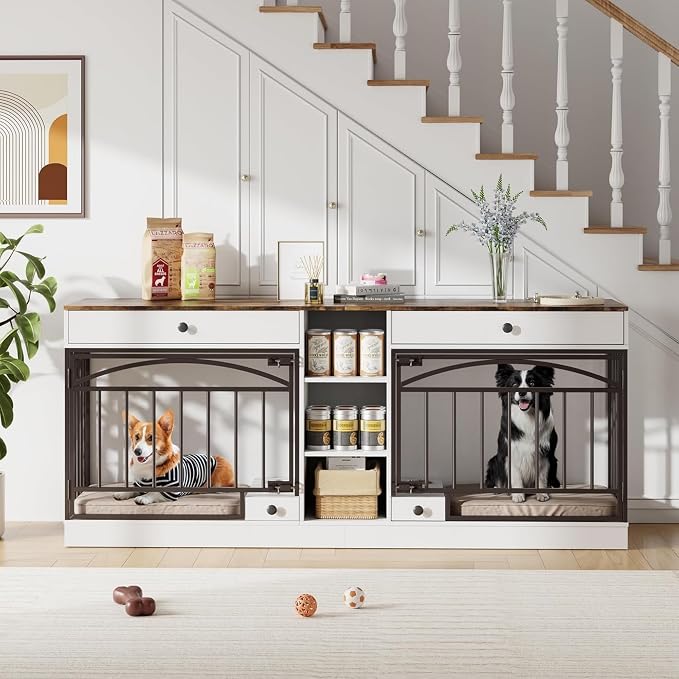 Dog Crate Furniture for 2 Dogs, Double Dog Crate TV Stand, White | 78.7'' Large Dog Kennel Indoor, 2 Storage Drawers, 3 Shelves and Feeding Bowls, Pet Kennel for Small and Medium Dogs