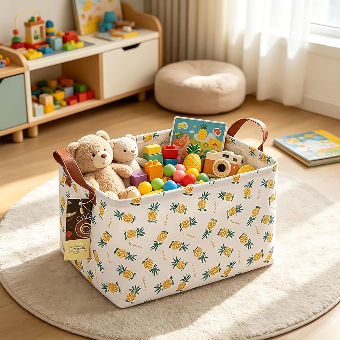 Rectangle Foldable Storage Basket Handles For Home, Pineapple | Waterproof canvas material, reinforced handles, perfect for shelf use, organizes clothes, daily items and pet supplies