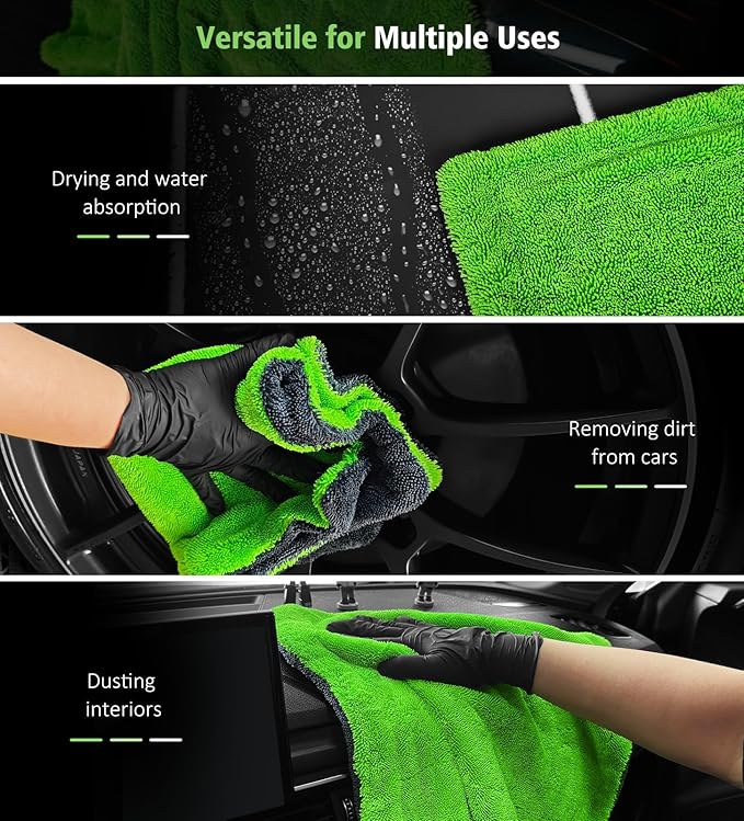 YeewayVeh Complete Drying Towel Set, 3-Pack Microfiber Towels (28"x36" & 16"x16" Drying & Waffle Weave), 1400 GSM Ultra Absorbent, Streak-Free Car Detailing Towels for Bulk Water, Final Polish & Glass