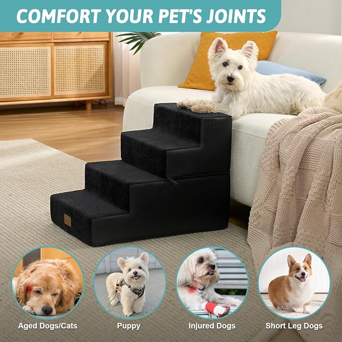 COZY KISS Dog Stairs for Small Dogs, 4 Step Pet Stairs for Beds & Couches | 17.7" H Wide Non-Slip Dog Steps with Removable Tiers & Support Board for Puppies, Older Cats & Dogs, Black