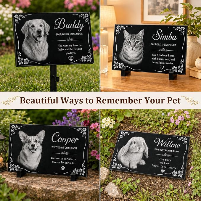 Personalized Pet Memorial Stone, Custom Granite Pet Grave Marker | for Dogs & Cats , Engraved Memorial Plaque with Photo Name Dates & Message, Indoor Outdoor Garden or Tabletop Display