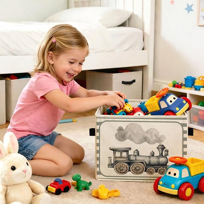 Train Storage Bin, Foldable Fabric Basket for Bedroom Nursery | Foldable fabric storage bin with vintage train design for toys, books, clothes, nursery, bedroom, and playroom organization.