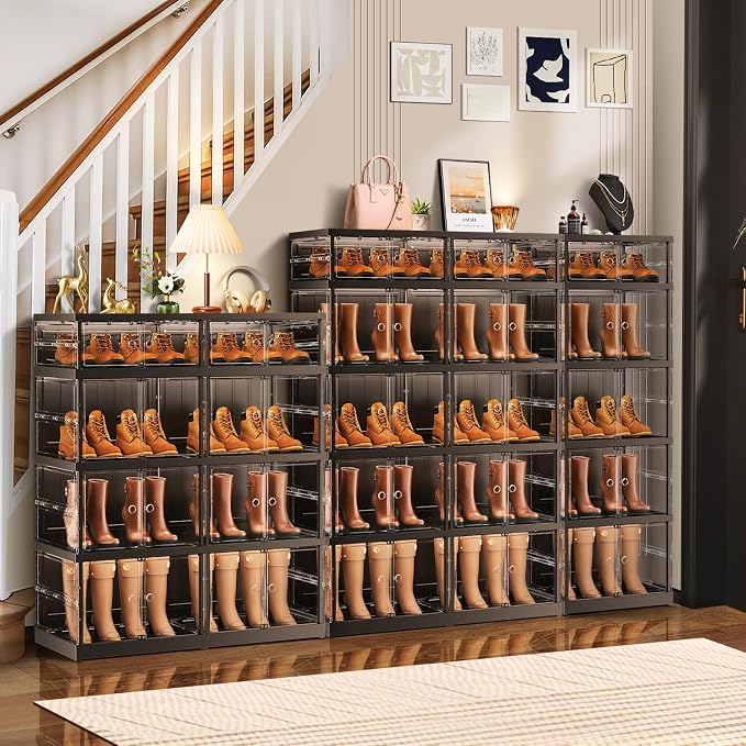 CIMLORD 5-Tier Foldable Shoe Rack Organizer for Boots, 10 Pairs, Black | Collapsible Narrow Plastic Shoe Cabinet Storage, Fits Tall Boots, Stackable with Lids, Easy Assembly, for Closet & Entryway