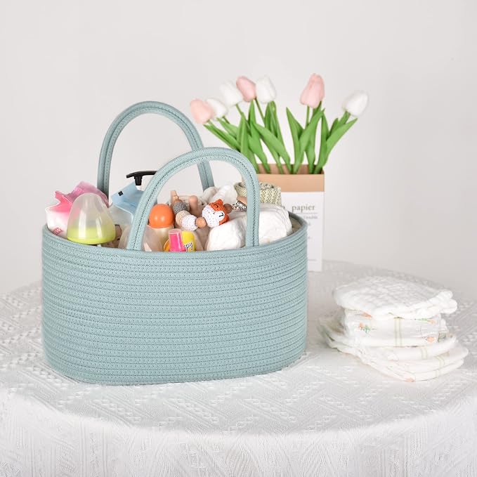 COMSE Large Cotton Rope Baby Diaper Caddy Organizer, Light Green